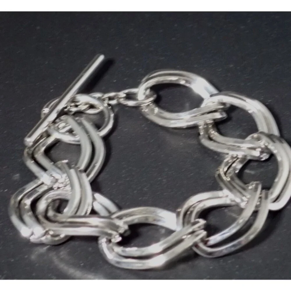 Double Chain Link Silver Tone Bangle Bracelet Toggle Clasp 7.5